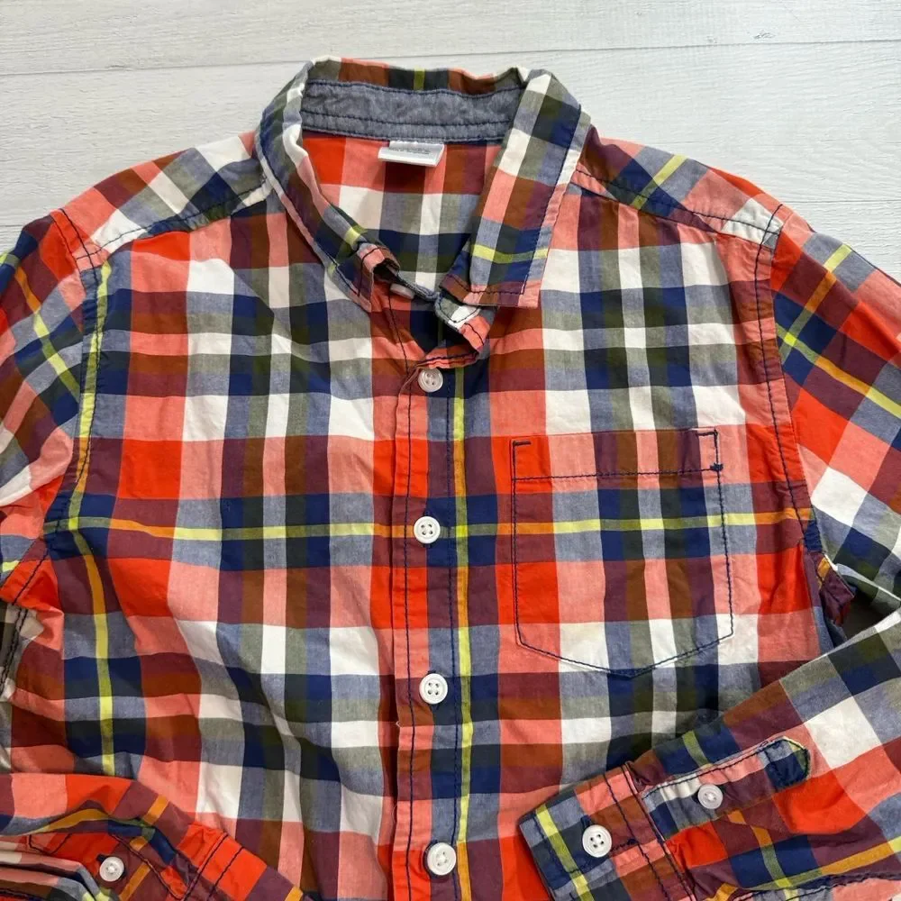 Gymboree boys plaid button down shirt orange navy medium 7/8‎